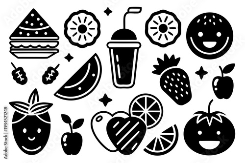A set of black and white vector icons featuring various fruits and desserts in a playful, minimalist style