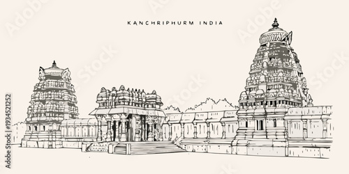 Sketch of kanchipuram india temple gopurams with intricate detailing