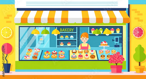 A colorful cartoon illustration of a bakery storefront with a smiling baker and various sweet treats on display