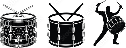 Snare drum and drummer silhouette illustration, marching band percussion instrument isolated on white background musical design