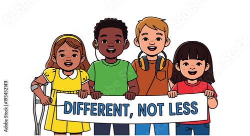 Diverse Group of Children with Disabilities Holding Different Not Less Banner Illustration