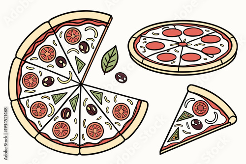 A vector graphic illustration of a whole pizza cut into slices and a few slices separated, with various toppings.