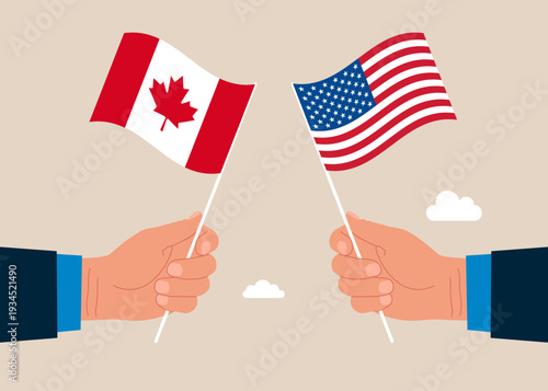 Bilateral political relations. Two flags of friendship. Businesspeople united between Canada and its friendly countries USA. Flat vector illustration.