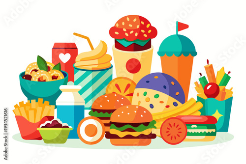 A colorful vector illustration of various fast food items and snacks arranged together