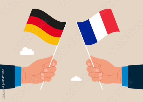Bilateral political relations. Two flags of friendship. Businessmen united between Germany and its friendly countries France. Flat vector illustration.