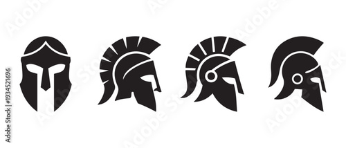 Set of Spartan Helmets Icons, Ancient Greek Warrior Protection Gear, Silhouette Collection.