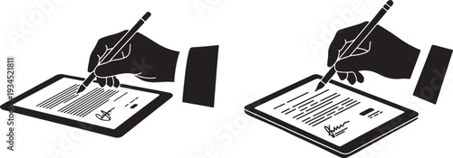 Digital signature vector illustration on a tablet with hand and stylus pen