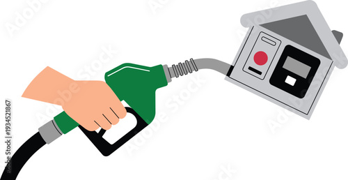 Minimalist illustration of fuel pump nozzle connected to house icon, rising home energy costs and gas price concept