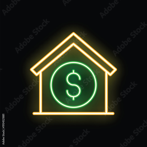 Glowing neon sign representing the concept of real estate investment with a house containing a dollar sign