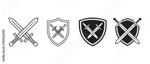 Set of Shield and Crossed Swords Icons. Black & White Line Art and Silhouette Designs.