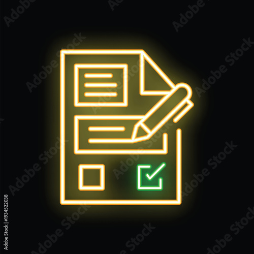Bright yellow and green neon sign depicting a pen writing on a survey or application form