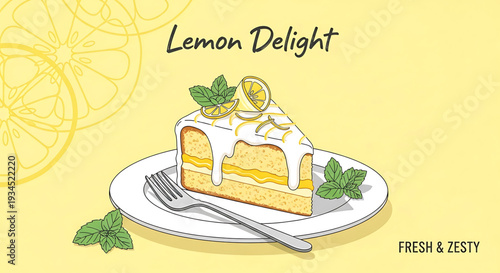 A vector graphic illustration of a slice of lemon cake on a plate with a fork and mint leaves