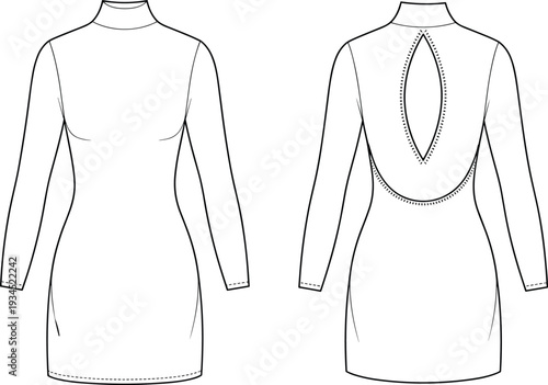 Technical fashion sketch of a women long sleeve mini dress featuring a high neck bodycon fit and open back keyhole detail manufacturing template.