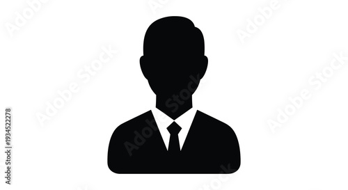 A stark black silhouette depicts a man in a suit and tie presenting a formal anonymous figure silhouette