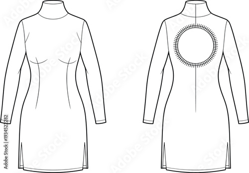 Technical fashion sketch of a women long sleeve mini dress featuring a high neck bodycon fit and open back circle detail manufacturing template.