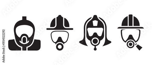 Firefighter Helmets and Gas Masks Icons. Protective Gear, Emergency Safety Equipment, Vector Graphics