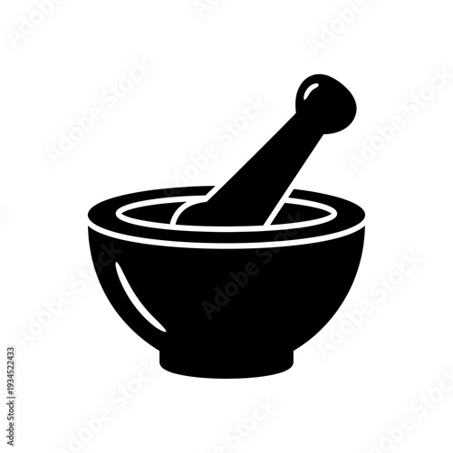 Mortar and Pestle Icon, Black Silhouette, Isolated on White Background, Symbol of Pharmacy and Medicine