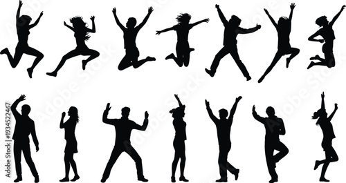 Group of jumping and dancing people silhouettes isolated on white background, energetic celebration and party movement vector illustration set