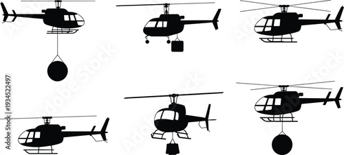Helicopter silhouette collection with cargo hook and firefighting bucket, black rotorcraft vector illustration isolated on white background set