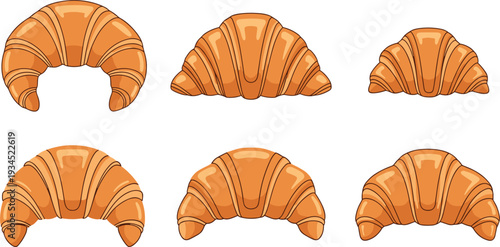 Set of Fresh Baked Croissants Different Shapes Golden Brown Pastry Collection Vector Illustration Isolated on Light Background