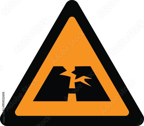 Orange triangle road sign with black border and cracked asphalt symbol warning of road damage ahead