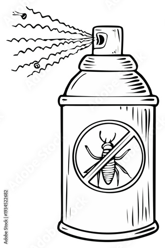 Ink drawing of a pesticide spray can eliminating bugs, vector illustration.