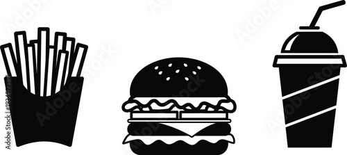 Black silhouette of french fries burger and soda cup food drink
