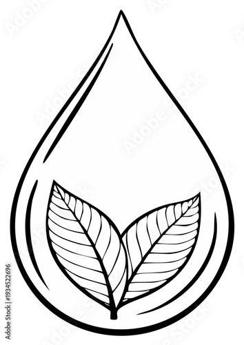 Water droplet with two fresh green leaves inside symbolizing purity and nature