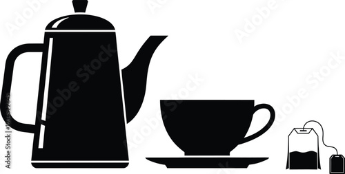 Black teapot cup and tea bag on white background saucer