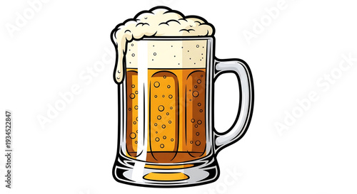 A cartoon illustration of a full beer mug with foam on top