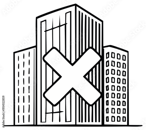 Stylized Illustration of Office Buildings with a Large Red 'X' Symbol Overlay