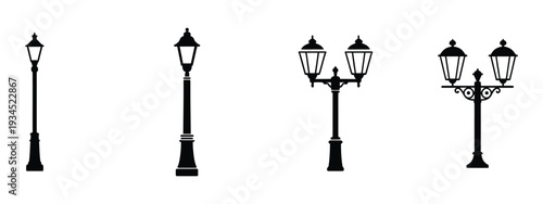 Ornate Vintage Street Lamp Icons, Silhouette Collection of Classic Lampposts and Traditional Decorative Outdoor Lighting for Urban Design and Illustration Use.
