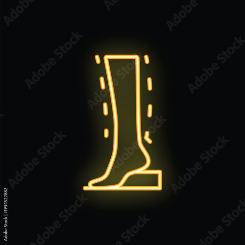 Yellow neon sign showing leg and foot measuring process using platform scale, representing podiatry, chiropody and posture analysis