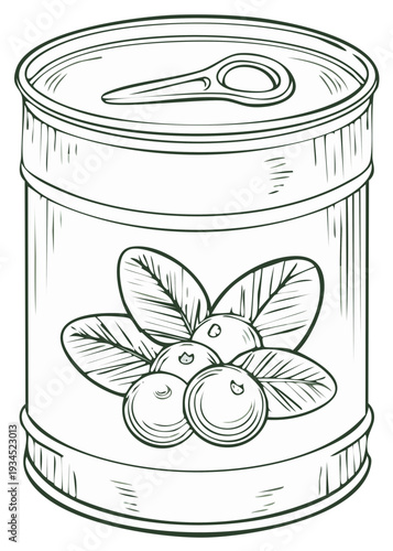 Line art illustration of a metal food can with a berry label and pull tab design