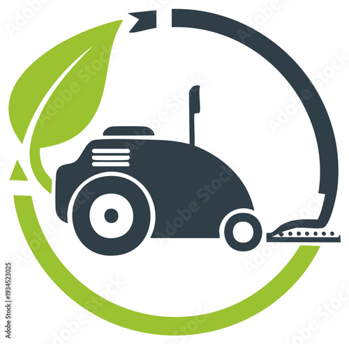 Robot lawn mower icon encircled by leaf and arc shapes, representing ecological lawn care and automated gardening services.