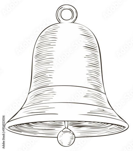 Hand drawn bell illustration with clapper in classic monochrome sketch style for various designs