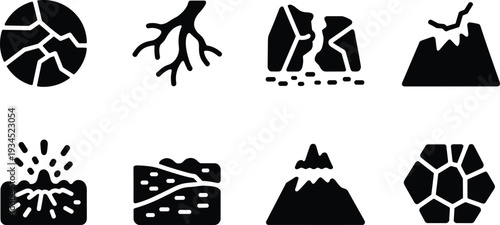 Natural disaster and geology icon set, earthquake volcano landslide crack erosion black silhouette symbols collection