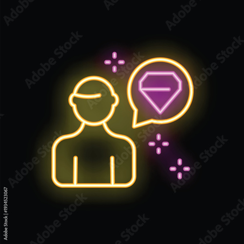 Neon icon depicting a man discussing gemstones, symbolizing luxury, value, and the allure of precious stones