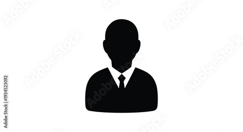 A stark black silhouette depicts a man in a suit and tie presenting a formal anonymous figure silhouette