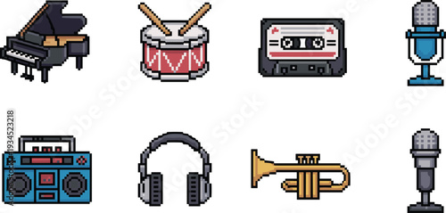 Pixel art music instrument icon set, retro 8-bit audio equipment collection isolated on light background vector illustration