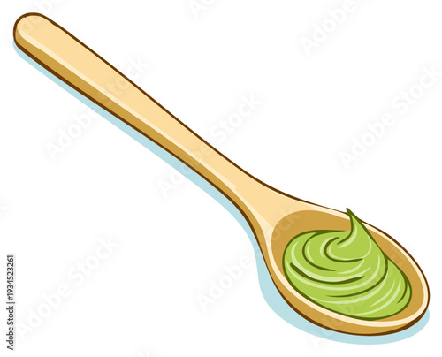 A wooden spoon filled with vibrant green paste, perfect for culinary and ingredient concepts