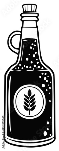 Stylized illustration of a dark liquid filled growler bottle with wheat emblem and bubbles
