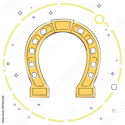 Hand drawn golden horseshoe luck symbol illustration with sparkles