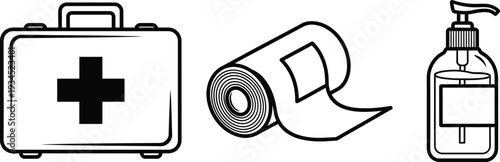 First aid kit medical cross bandage roll hand sanitizer dispenser vector