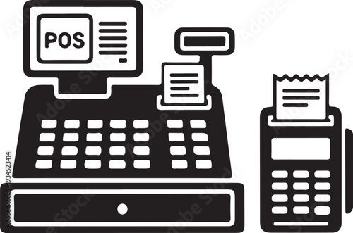 Point of sale system with cash register and receipt printer icons isolated on transparent background