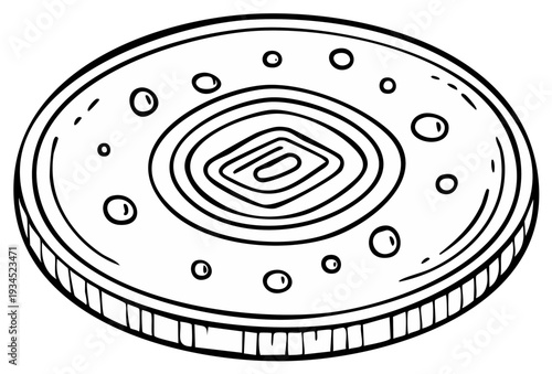 Simple illustration of a coin with a circular design and dots around the edge