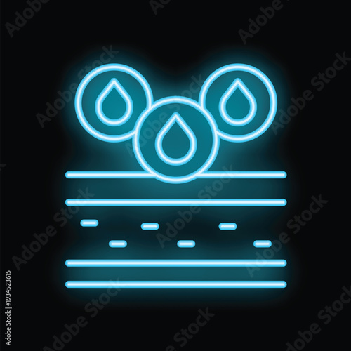 Blue neon icon representing water drops moisturizing skin layers, evoking skincare and hydration