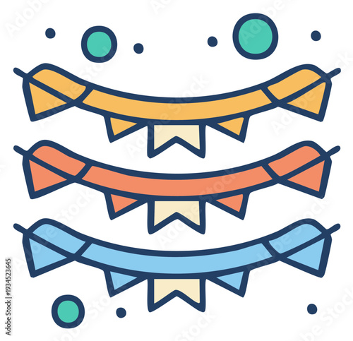 Colorful festive bunting flags and confetti decoration illustration