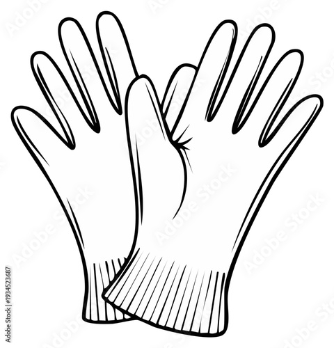 Illustration of two gardening gloves, isolated, black and white outline.