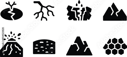 Set of natural disaster and geology icons, black silhouette volcano earthquake crack mountain and soil symbols